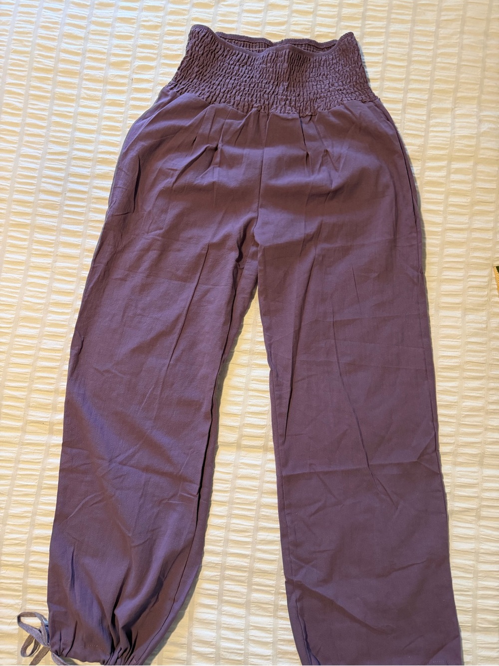 Fall Woman’s High-Rise Smocked Waist Straight-Leg Pants in Deep Purple NWOT